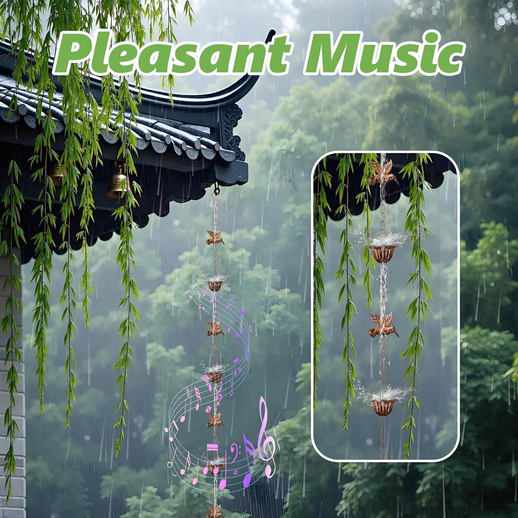 8.8ft Copper Rain Chains - Hummingbird Rain Chains for Gutters | Adjustable Decorative Steel Hanging Rain Hutter with 6