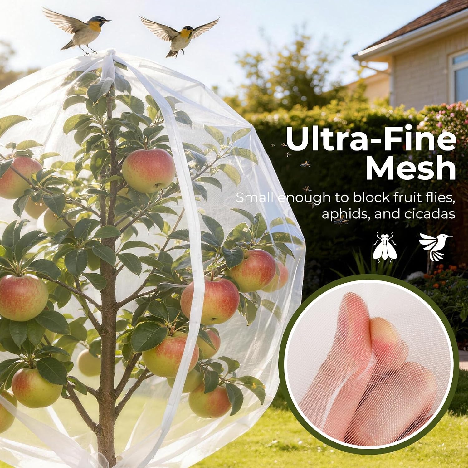 Fruit Tree Netting Cover with Zipper & Drawstring, 2 Packs 8ft x 8ft Insect Bird Barrier Netting for Garden Protection