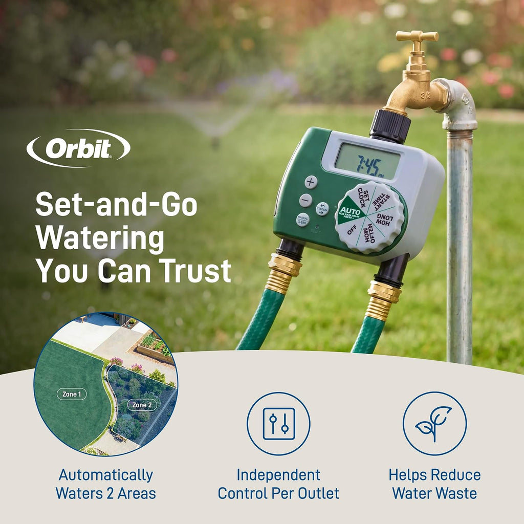 Orbit Programmable Digital Hose Watering Timer - 2 Outlet - Battery Powered - with LCD Screen - Built-in Rain Delay