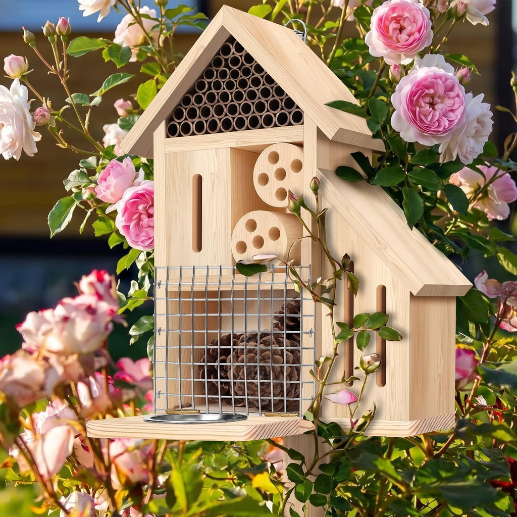 Wooden Insect Hotel Bee Ladybugs Butterfly House Large Natural Mason Bee Lady Bug Hotel with Stake and Feeder for