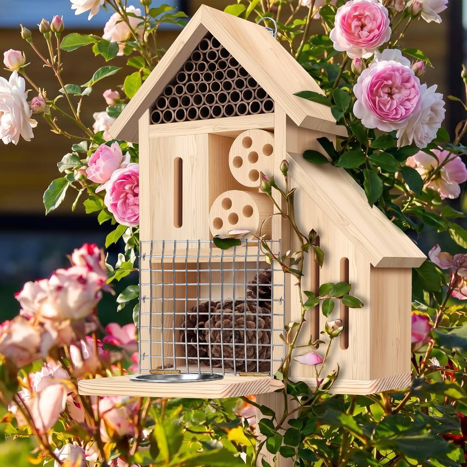 Wooden Insect Hotel Bee Ladybugs Butterfly House Large Natural Mason Bee Lady Bug Hotel with Stake and Feeder for