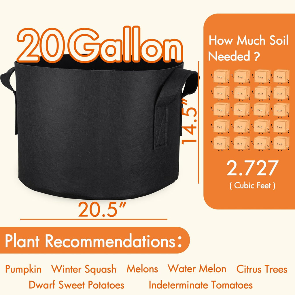 Gardzen 6-Pack 20 Gallon Grow Bags | 500G Thickened Aeration Fabric Pots with Handles, Heavy Duty Cloth Pots for Plants