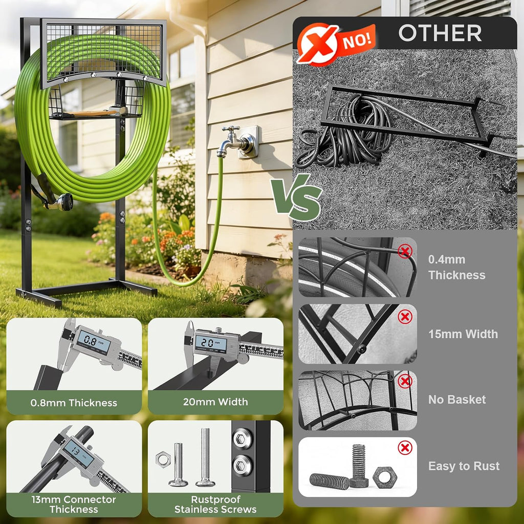 Garden Hose Holder Freestanding with Storage Basket, Holds Up to 165FT Hose, Heavy Duty Metal Water Hose Holder with 4