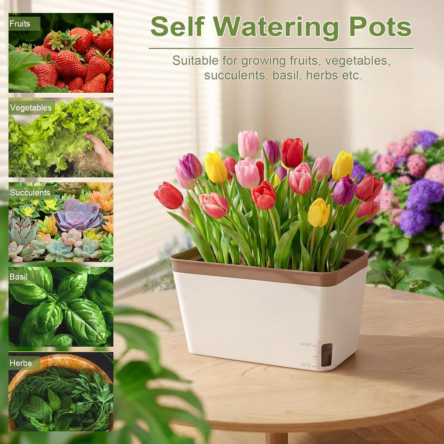 OurWarm Self Watering Pots for Indoor Plants, 6 Pack 10.5 Inch Plastic Window Herb Planter Box with Water Level