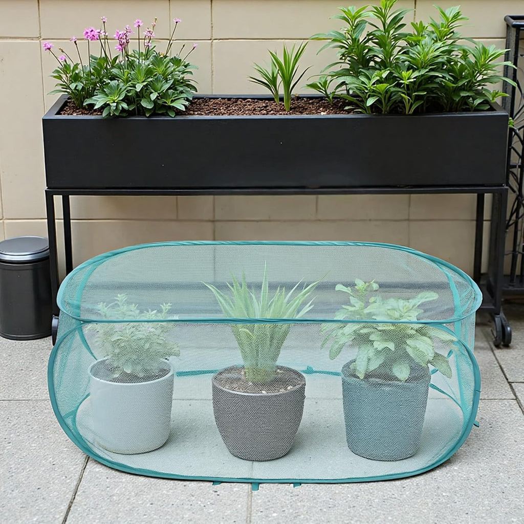Molain 4 Pcs Pop Up Garden Plant Covers, 39" x 18" x 16" Mesh Plant Protector Net with 32 Ground Stakes Foldable