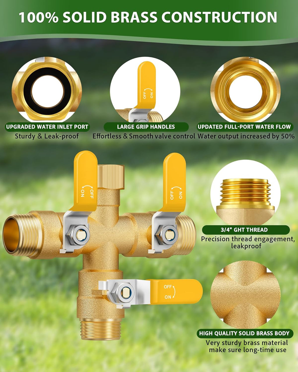 Garden Hose Splitter, 3 Way Heavy Duty Brass hose splitter, Water Hose Bib Spigot Splitter with 0.59" Full Flow Ball