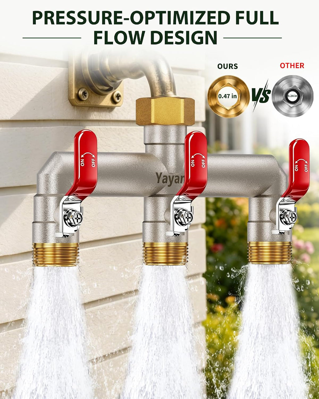3 Way Garden Hose Splitter, 3/4" GHT Full Flow Hose Splitter | One-Piece Heavy Duty Full Brass Body with Shut-off