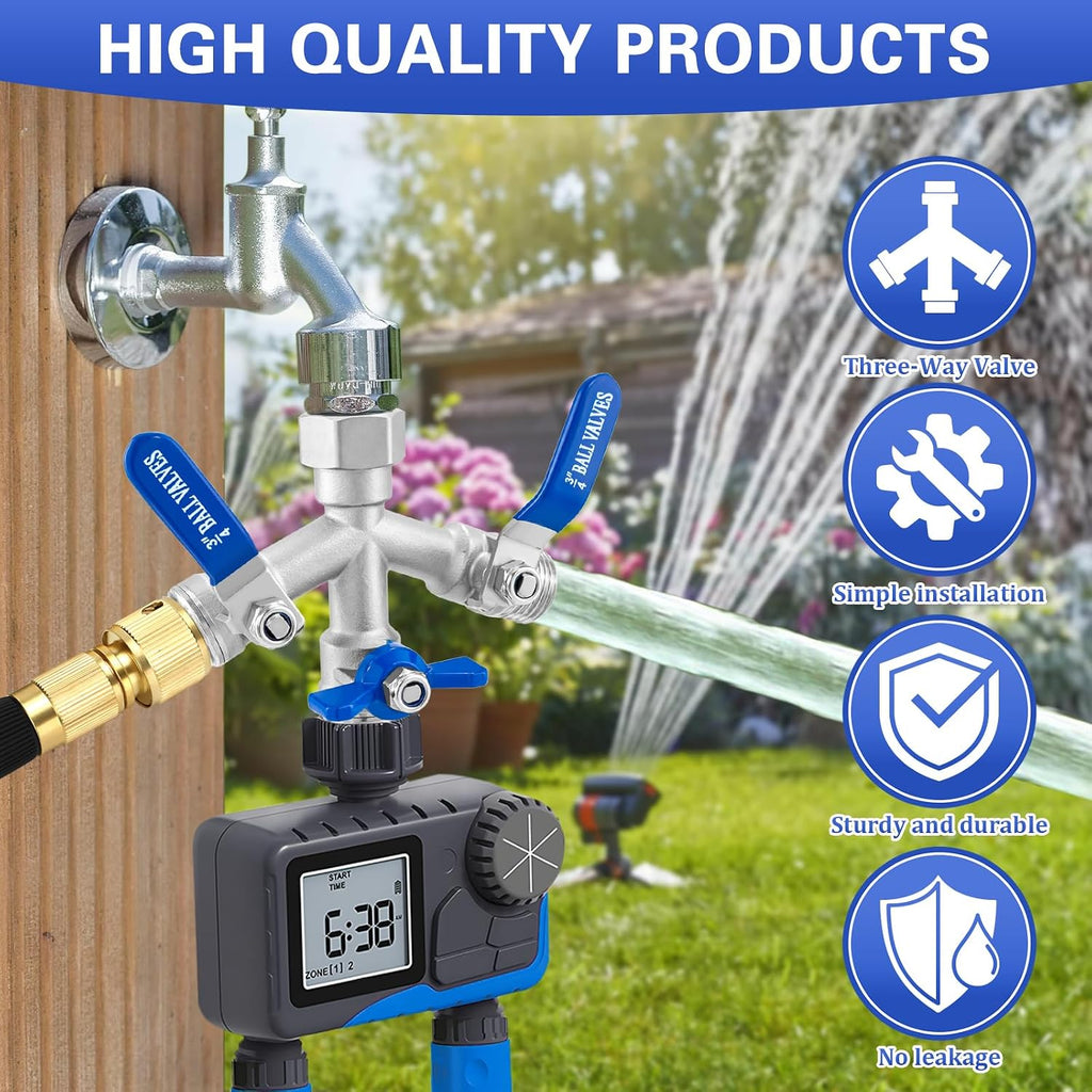 Garden Hose Splitter 3 Way, Heavy Duty 304 Stainless Steel Hose Splitter with Shut-off Valves, Full Flow Garden Water