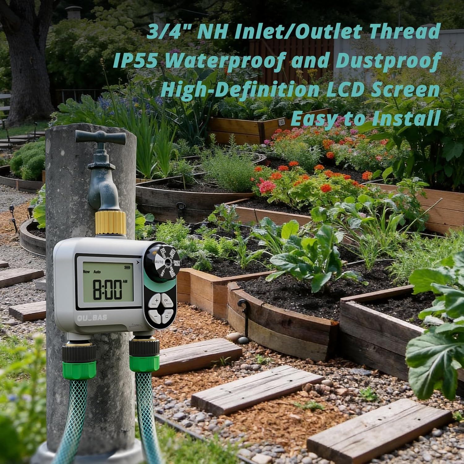 QUOBAS Brass Sprinkler Timer, Programmable Water Hose Timer for Garden Hose | 2 Zone Faucet Timer with Waterproof LCD