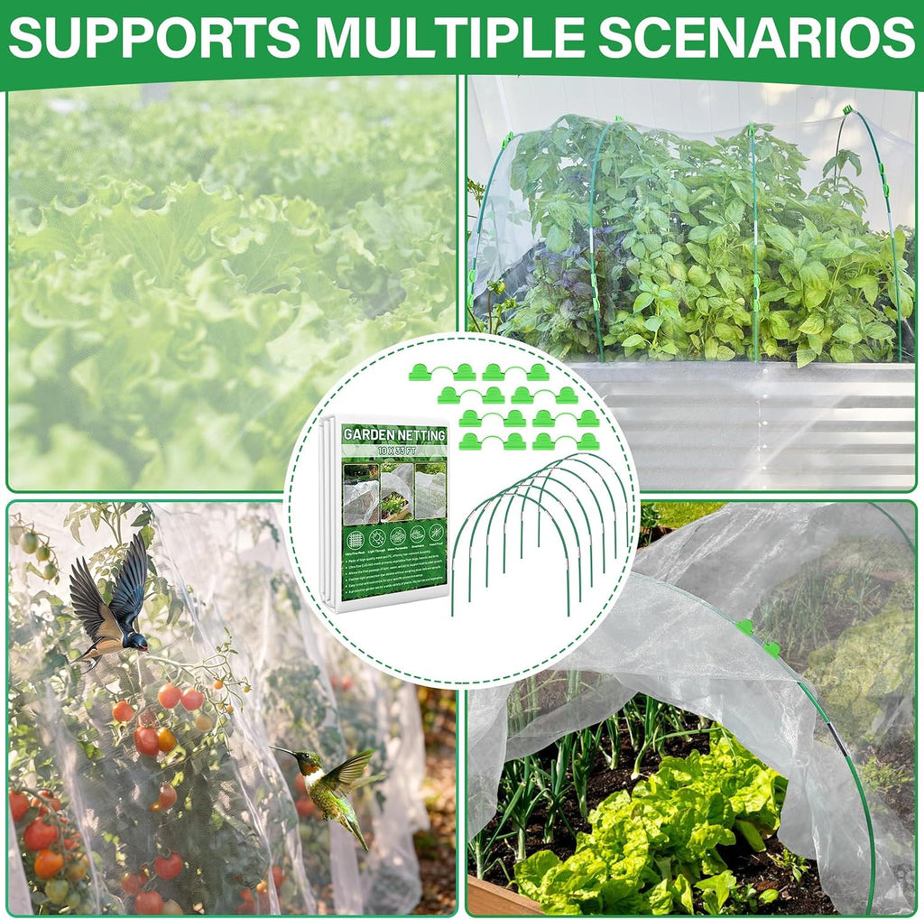 Garden Mesh Netting Kit for Raised Beds, 10x33FT Ultra Fine Mesh Netting&6 Sets 8FT Fiberglass Garden Hoops, Insect