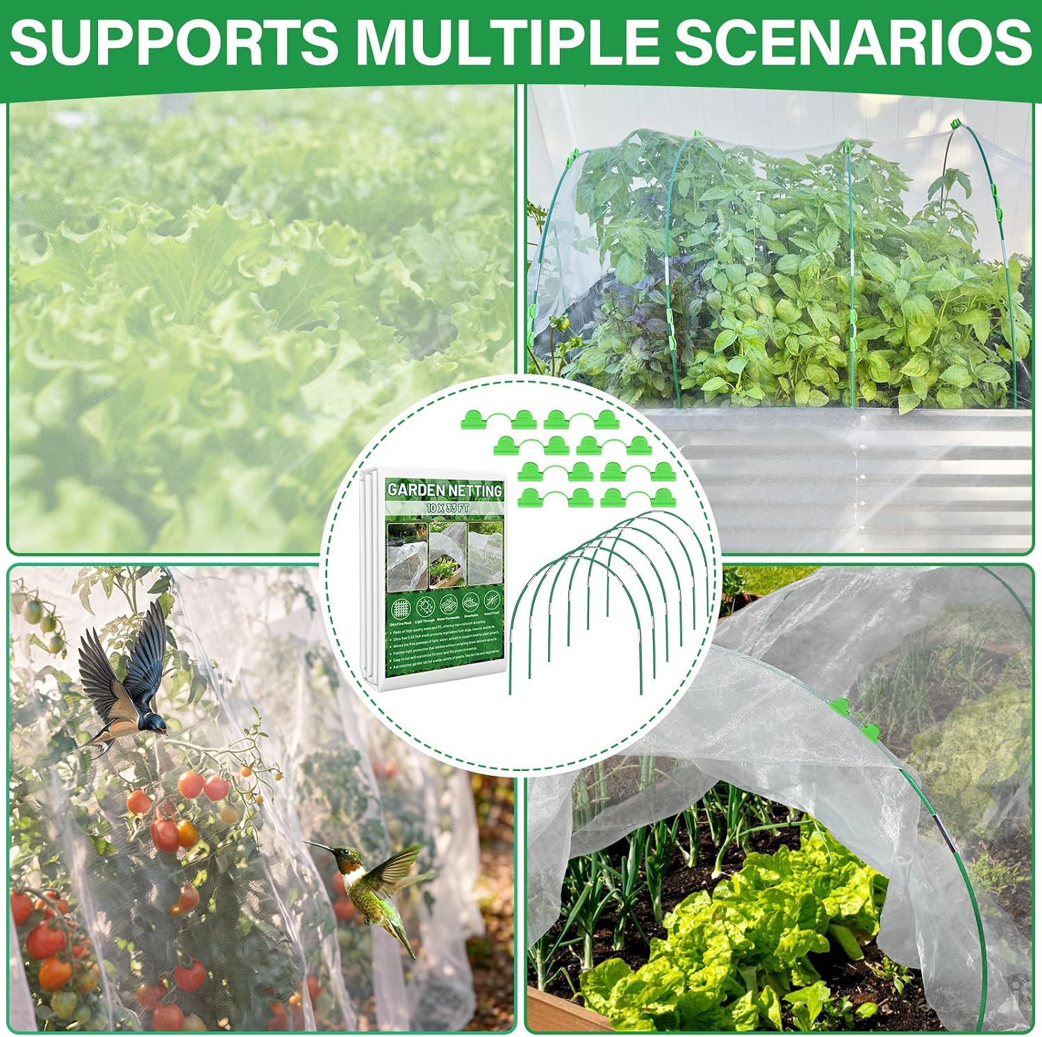 Garden Mesh Netting Kit for Raised Beds, 10x33FT Ultra Fine Mesh Netting&6 Sets 8FT Fiberglass Garden Hoops, Insect