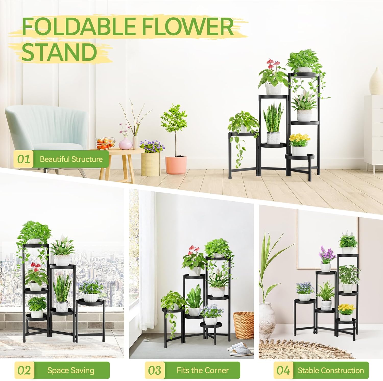 iDavosic.ly Plant Stand Indoor Outdoor, 6 Tier Metal Corner Shelf, Black | Tiered Flower Display Holder, Folding Multi