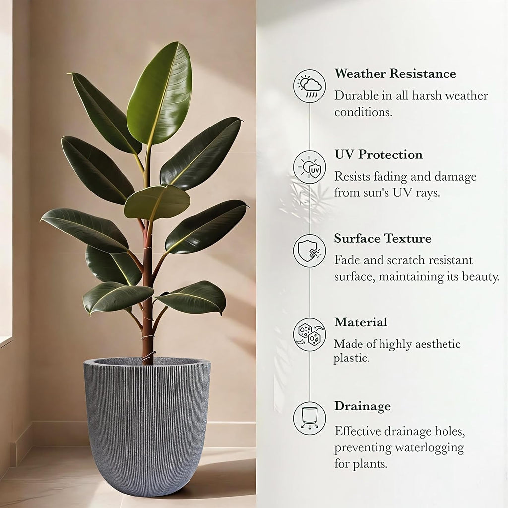 12.4"H Tapered Ribbed Lightweight Plastic Planter w/ Drainage Hole & Plug | Durable & Weatherproof, Indoor Outdoor Use