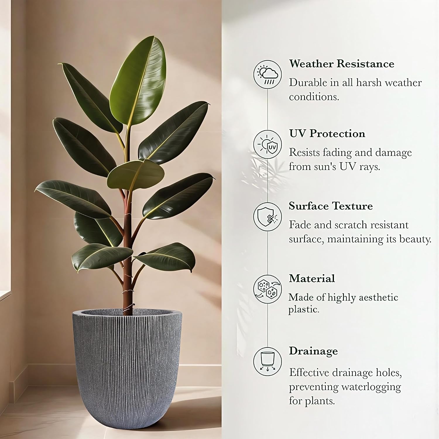 12.4"H Tapered Ribbed Lightweight Plastic Planter w/ Drainage Hole & Plug | Durable & Weatherproof, Indoor Outdoor Use