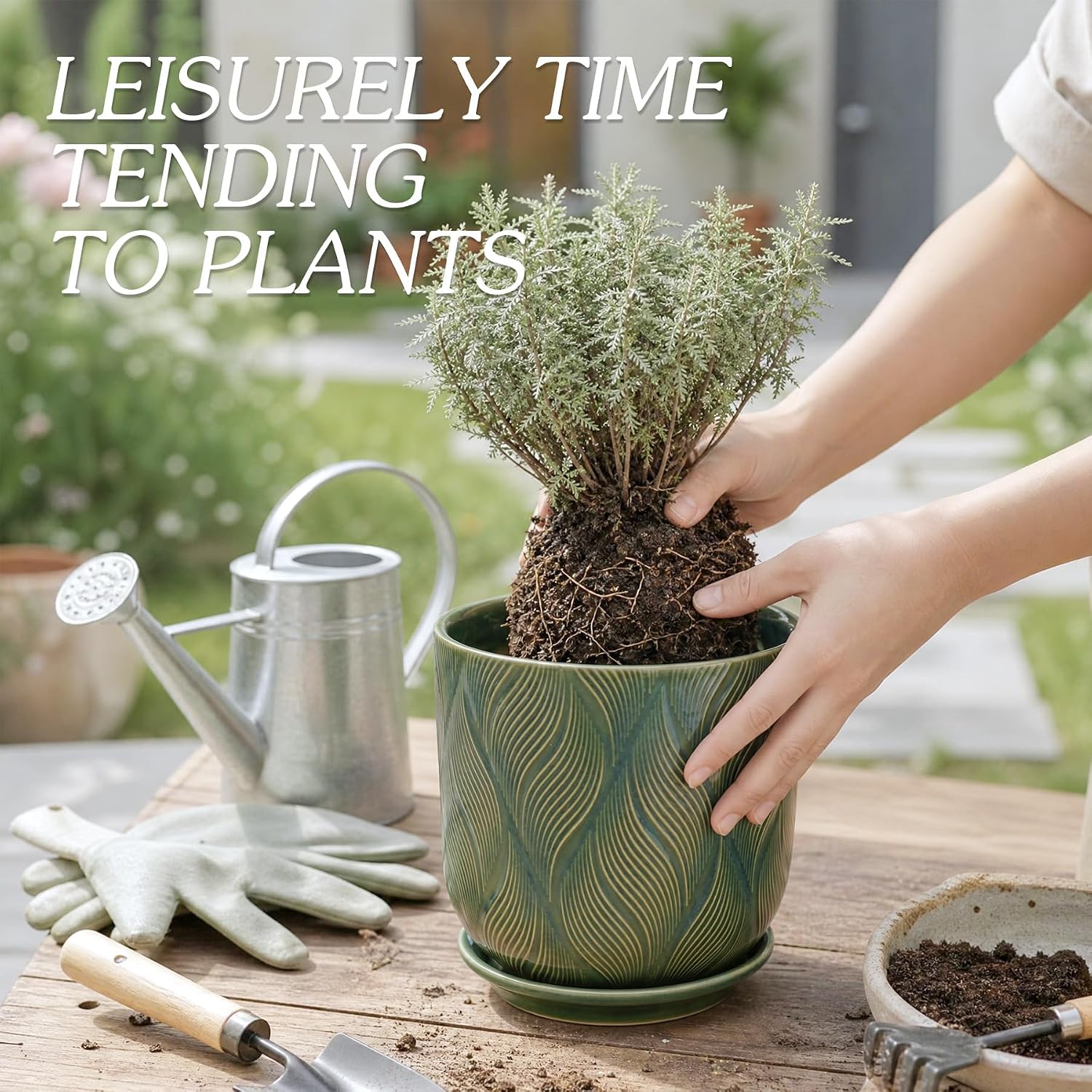 Ceramic Glaze Plant Pot Set 7.2+5.8 Inch Planter with Drainage Hole,Mesh Net,Saucer,for Indoor Outdoor (Leaf-Green)