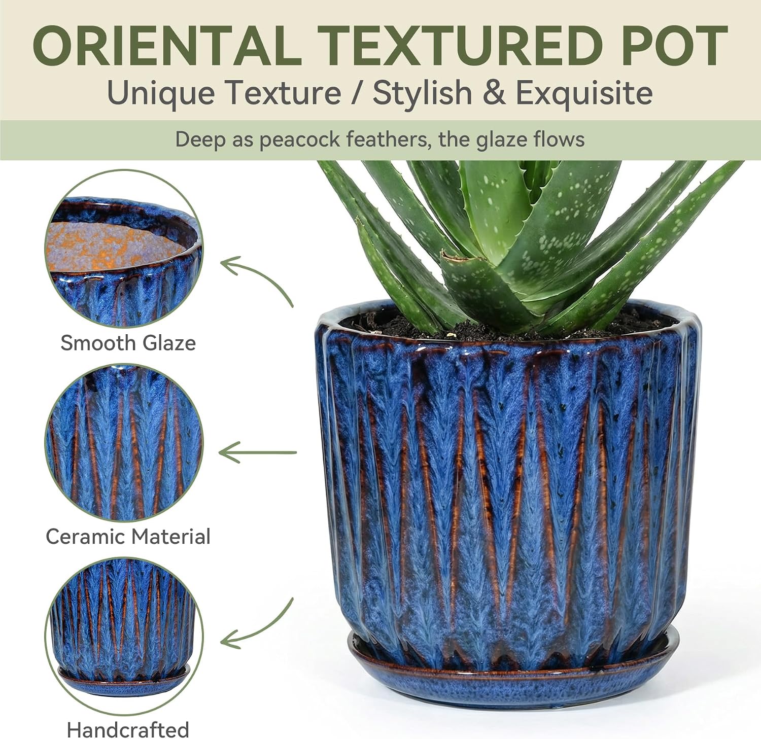 7.5 Inch Ceramic Planter Pot with Saucer Drainage Leak-Proof Mesh,Flower Pots for Indoor Plants with Gardening