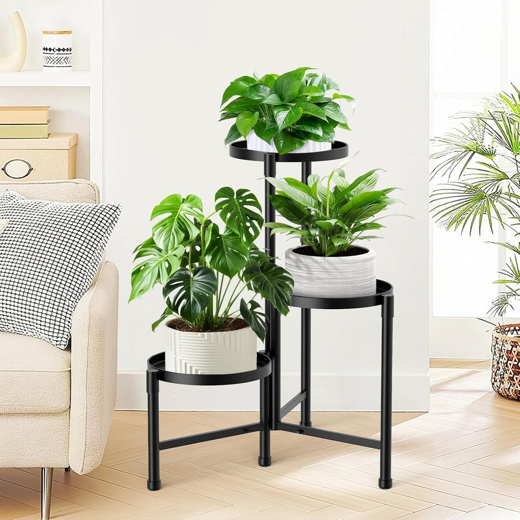 3 Tier Corner Plant Stand Indoor Outdoor, Metal, 10 Inch Wide Tray, Black | 30 In Tall Folding Flower Pot Holder