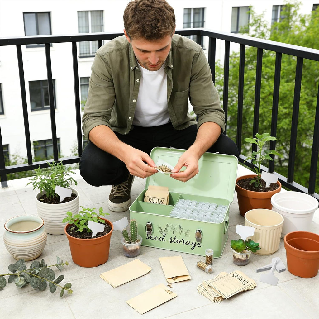 TINSKY Seed Storage Organizer Metal Seed Box with Lid and Locks Seed Saving Bank with 60 Seed Bottles, 30 Plant Labels