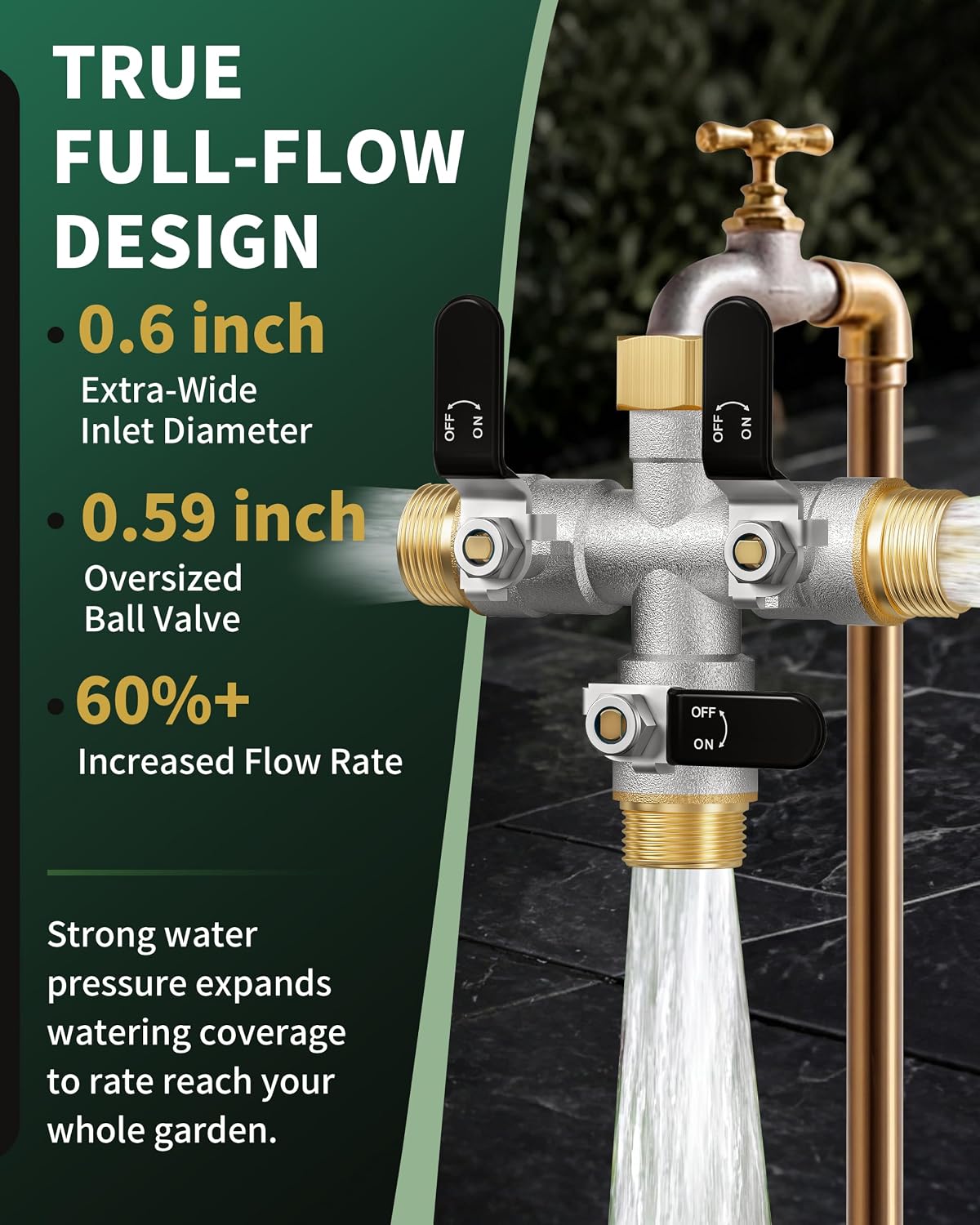 3 Way Hose Splitter, Heavy Duty Brass Garden Water Hose Splitter | Full Flow Design, Rust-Resistant Nickel-Plated