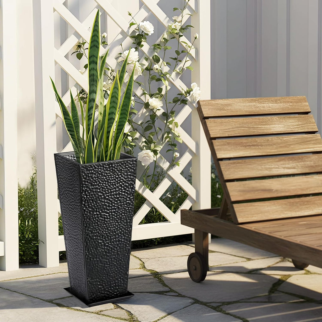 BAYN 2-Pack 24" Tall Metal Planter – Hand-Hammered Textured Large Black Flower Pots Box with Saucer for Outdoor&Indoor