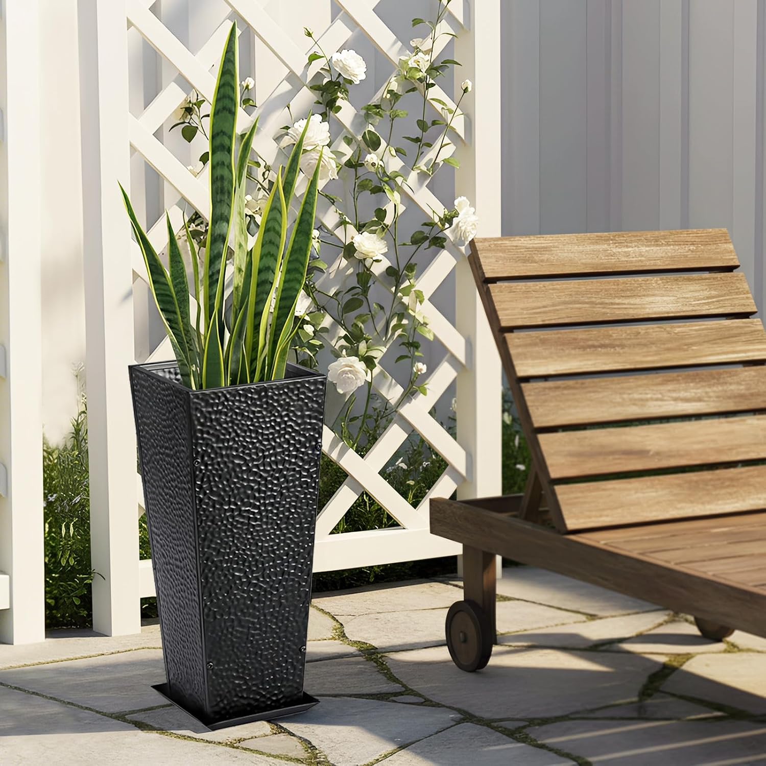 BAYN 2-Pack 24" Tall Metal Planter – Hand-Hammered Textured Large Black Flower Pots Box with Saucer for Outdoor&Indoor