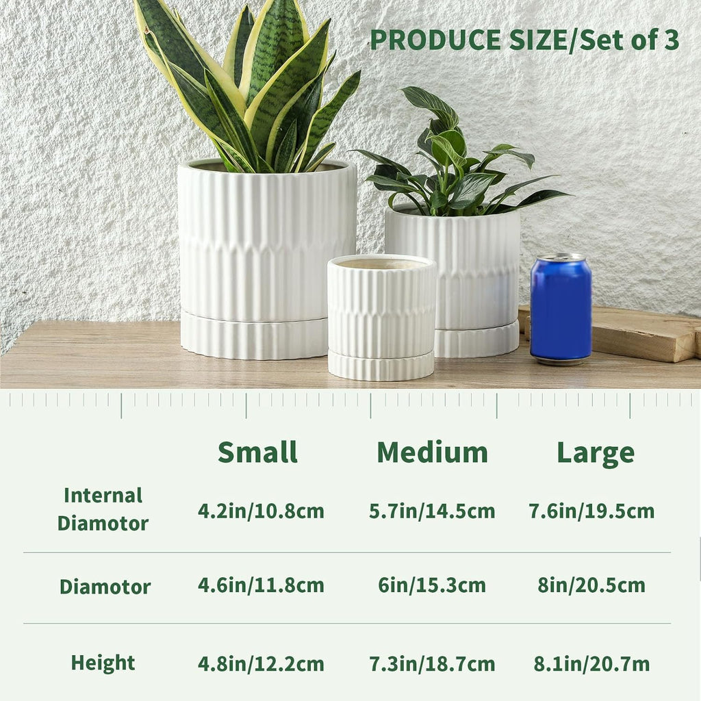 HASENSE Plant Pots - 8+6+4.6 Inch White Vertical Textured Ceramic Planters Set of 3 with Drainage Hole, Decorative