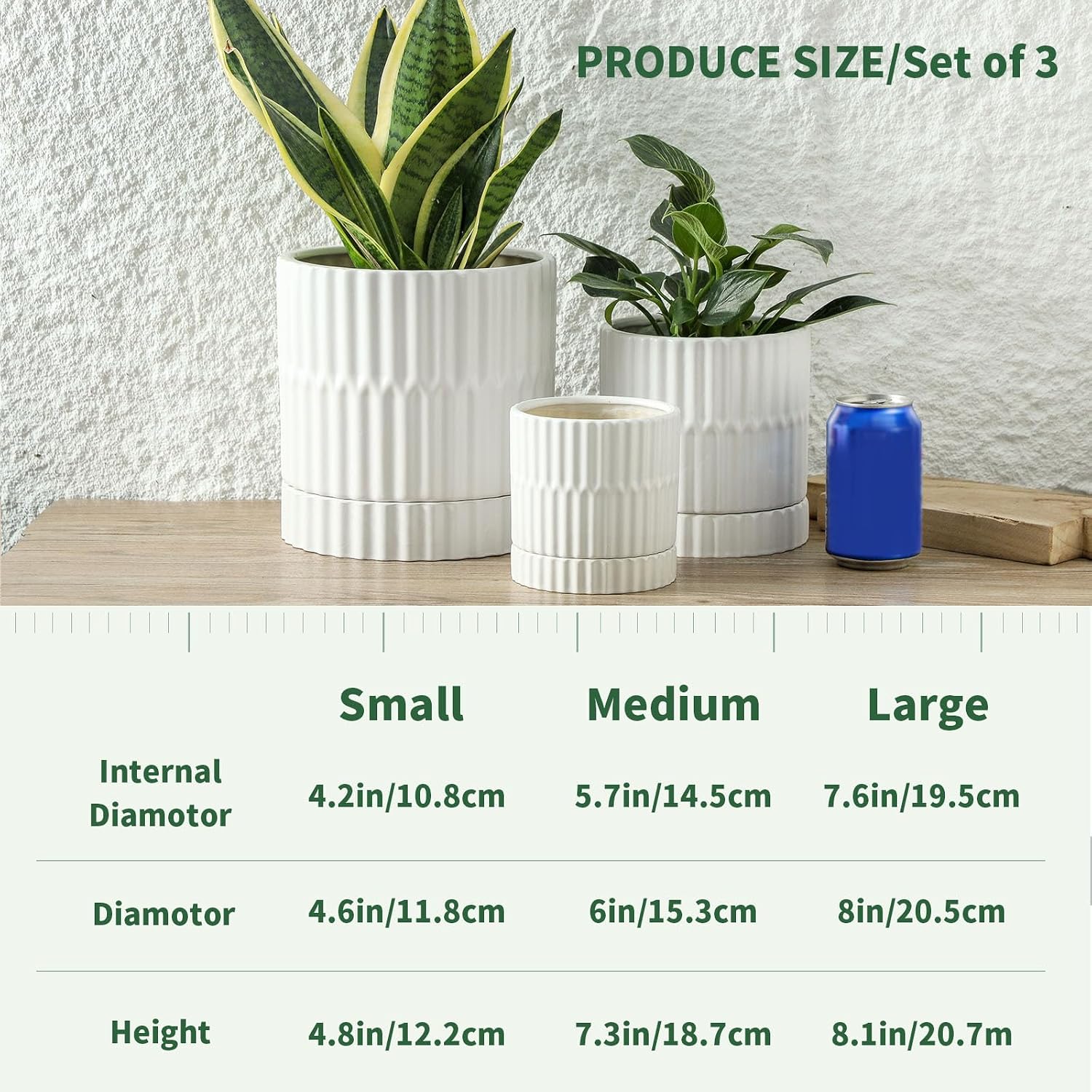 HASENSE Plant Pots - 8+6+4.6 Inch White Vertical Textured Ceramic Planters Set of 3 with Drainage Hole, Decorative