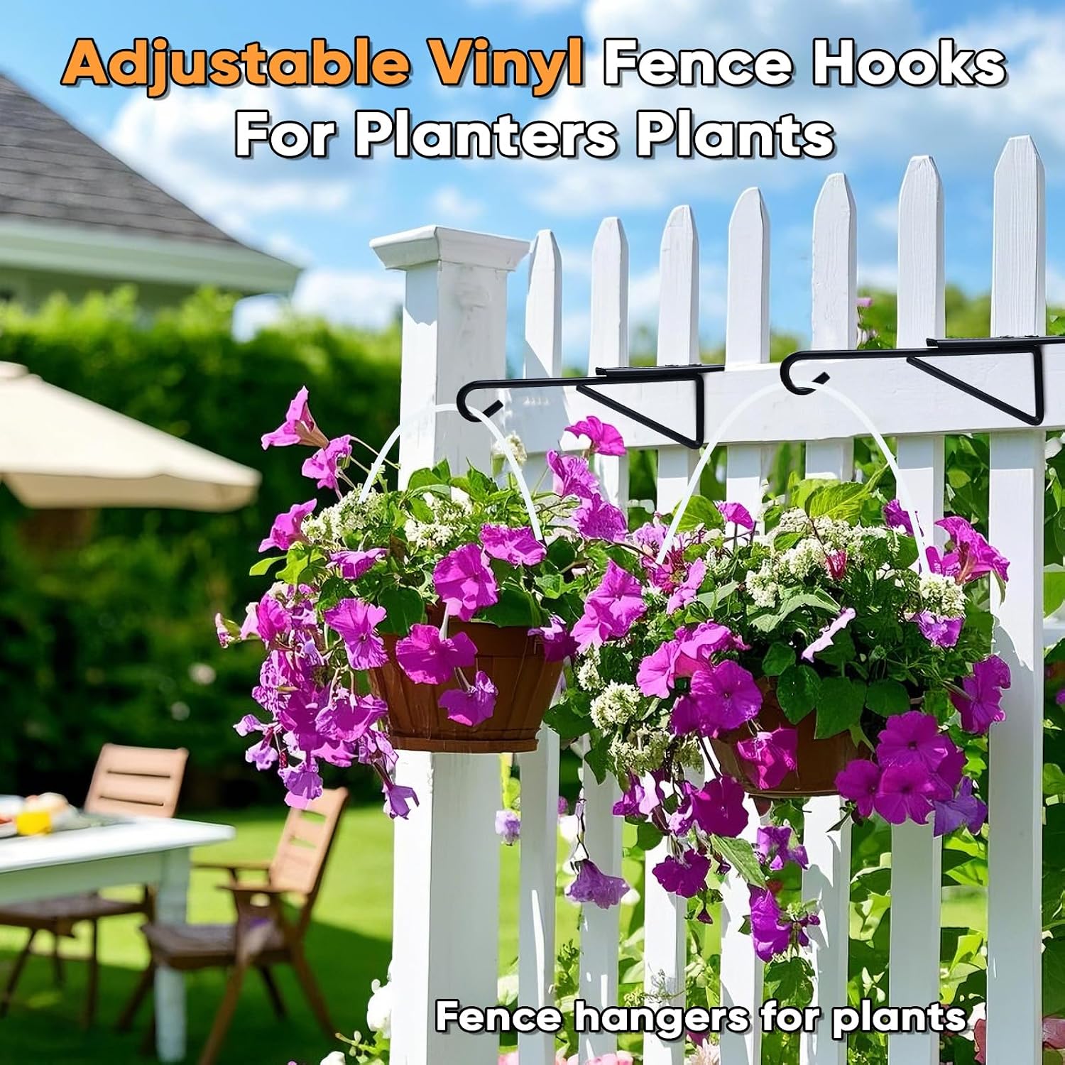 4Pack Adjustable Vinyl Fence Hooks Fit Fence Widths 0.75-3 Inch, Heavy Duty Vinyl Fence Plant Hangers for Hanging Plant