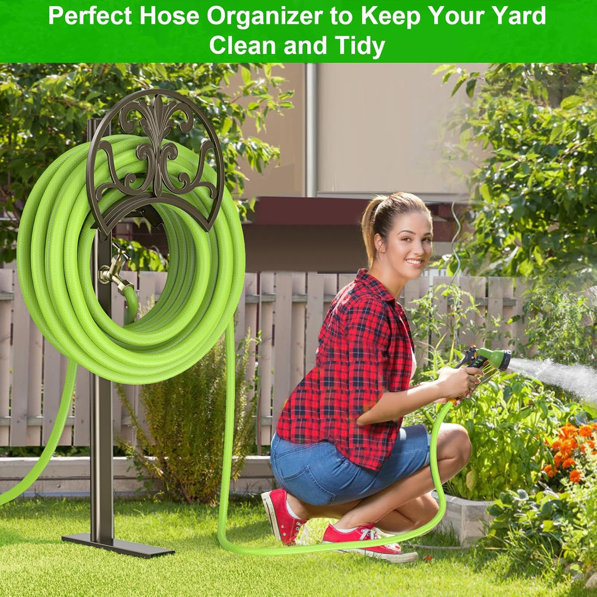 GOFORWILD Hose Stand with Brass Faucet, Holds 150 ft 5/8-in Hose | Detachable Heavy Duty Water Hose Holder