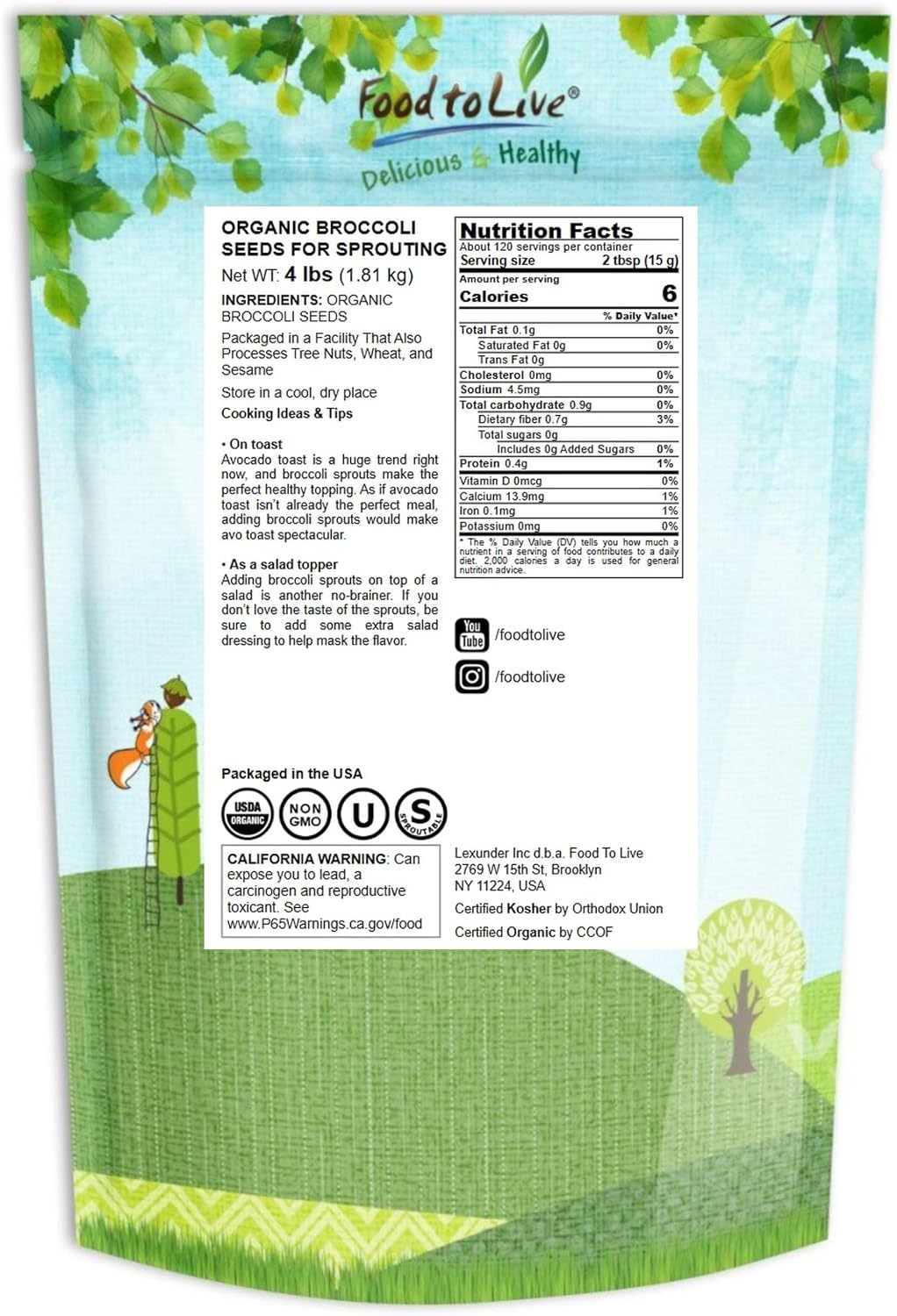Food to Live Organic Broccoli Seeds for Sprouting, 4 Pounds – Non-GMO, Vegan, Kosher, Sirtfood, Bulk. Rich in