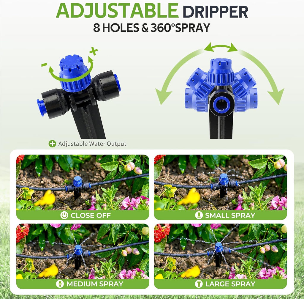 HIRALIY 100FT Drip Irrigation Kit for Raised Beds & Gardens | Garden watering system with a 5-way splitter and