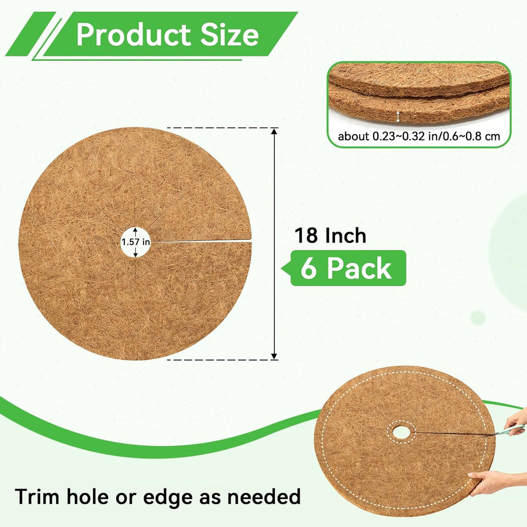 18 Inch Coconut Fiber Tree Ring Mulch Mat, 6 Pack Tree Mulch Ring | 100% Natural Coco Coir Tree Plant Protectors Mat