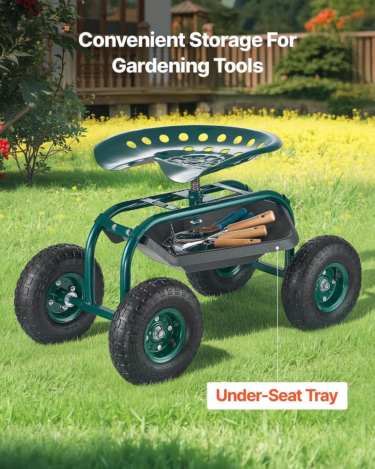 VEVOR Rolling Garden Cart with Swivel Seat, Heavy Duty Garden Seat with Storage Basket & Tool Tray, 300 lbs Weight