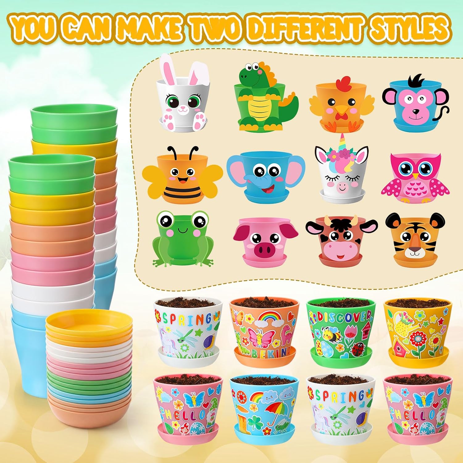 Capoda 24 Sets Garden Flower Pots Crafts Kit DIY Spring Plastic Seedling Nursery Pots with Stickers Plant Labels Growth