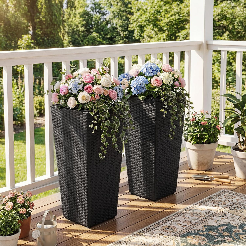 HAPPYGRILL 24" Tall Rattan Plant Pots Set of 2 with Adjustable Foot Pads | Outdoor Taper Planter w/Detachable Inner