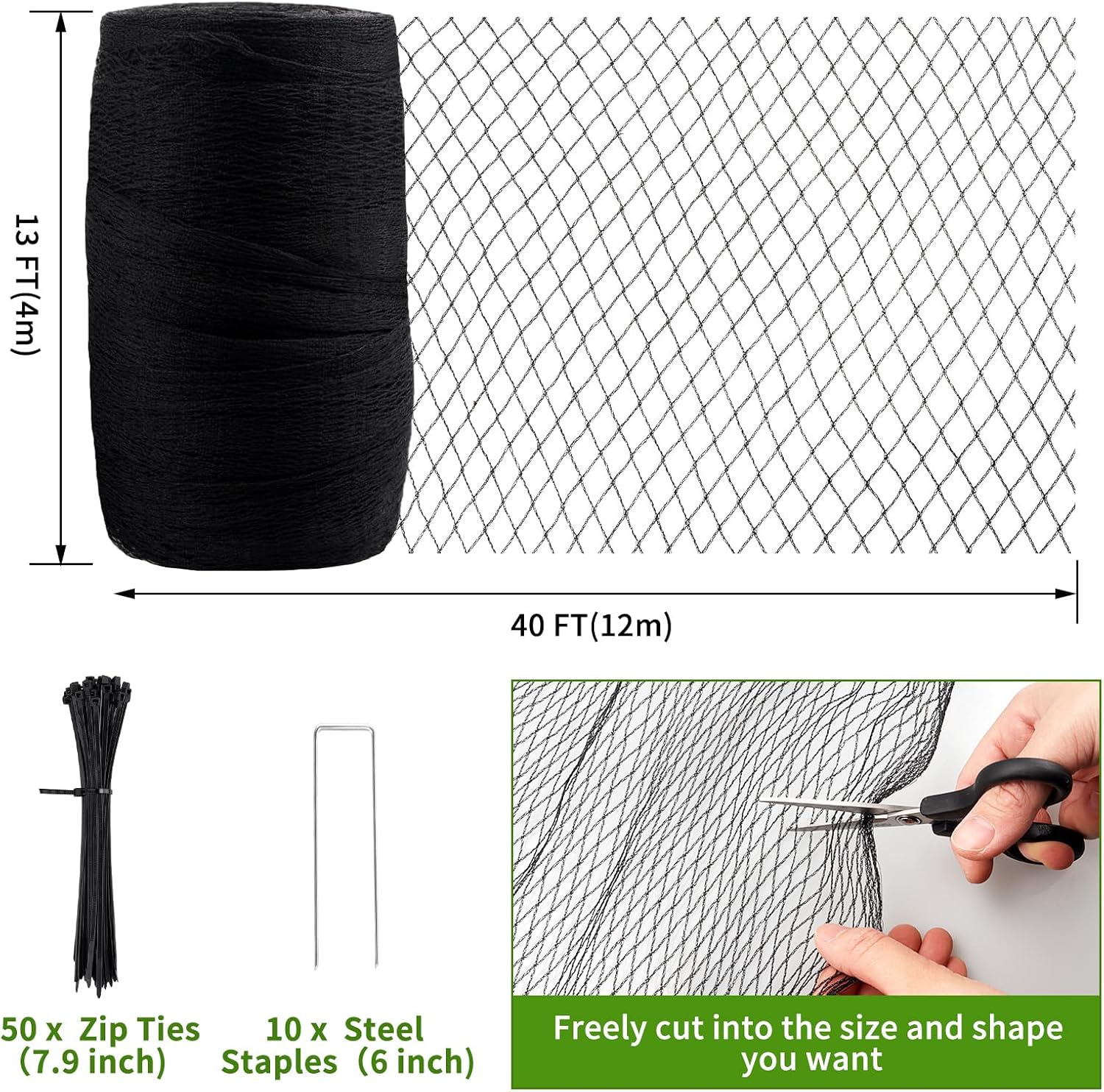 Bird Netting for Garden Protection - 13 x 40 FT Heavy Duty Poultry Bird Netting for Chicken Coop with Ties & Staples
