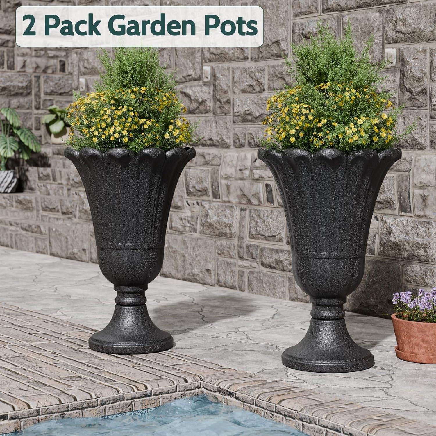 Tall Plastic Urn Planters and Pedestal - 24" Outdoor Planter Black | Weather-Resistant Plastics HDPE Material with