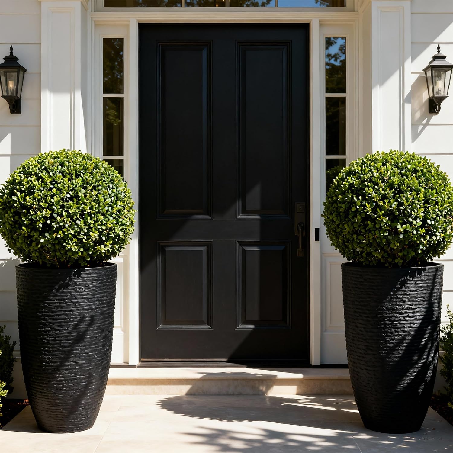 Worth Garden 21" H Tall Planters 2 Pack - 14'' Dia Resin Large Round Black Flower Pots for Outdoor Plants Trees