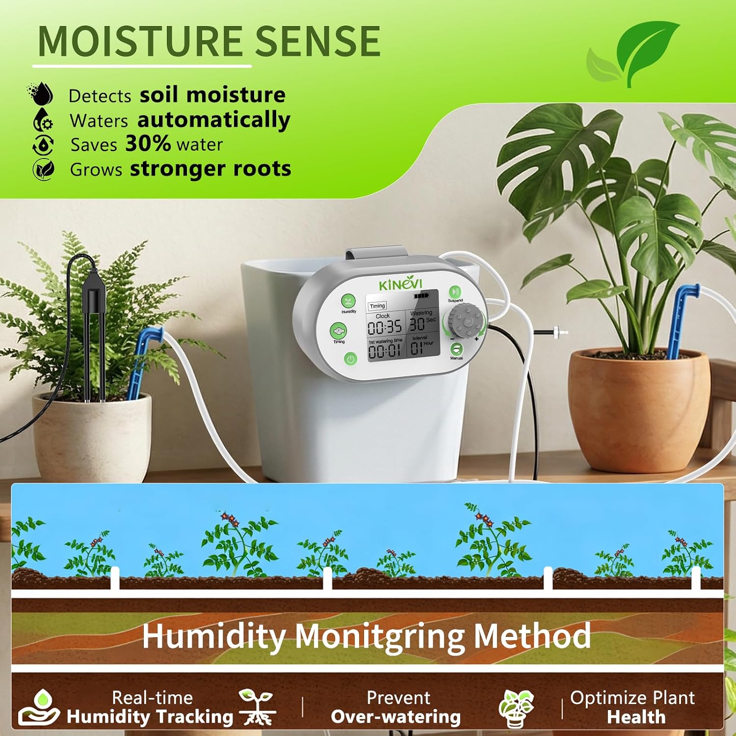 Automatic Plant Waterer for 15 Pots, Indoor Drip Irrigation Kit | Programmable Water Timer with Smart Humidity Sensor