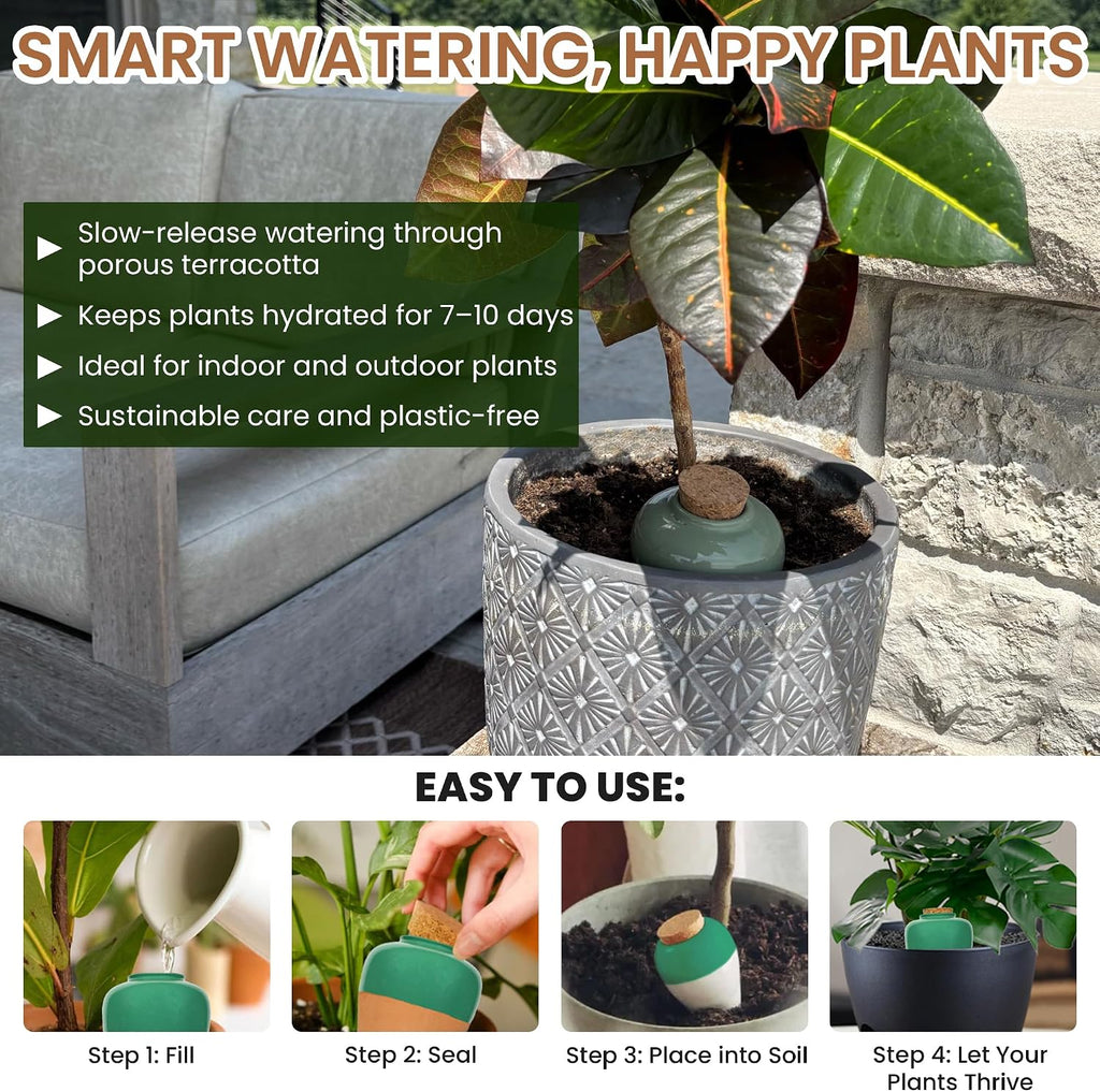 Terracotta Self Watering Planter Insert - Set of 4 Clay Ollas with Slim Bottom for Easy Soil Insertion, Glazed Top
