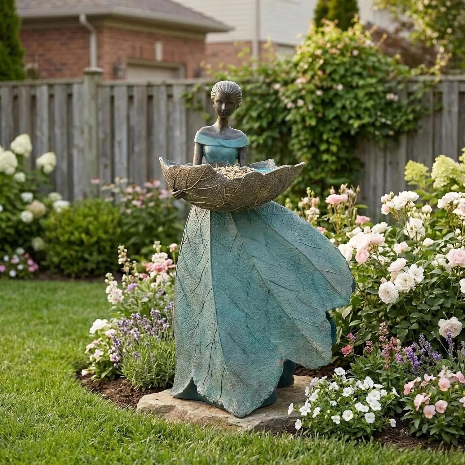 DiliComing Fairy Garden Statues Bird Feeder - 12 Inch Outdoor Fairy Statue | Resin Garden Decor, Decorative Patio Yard