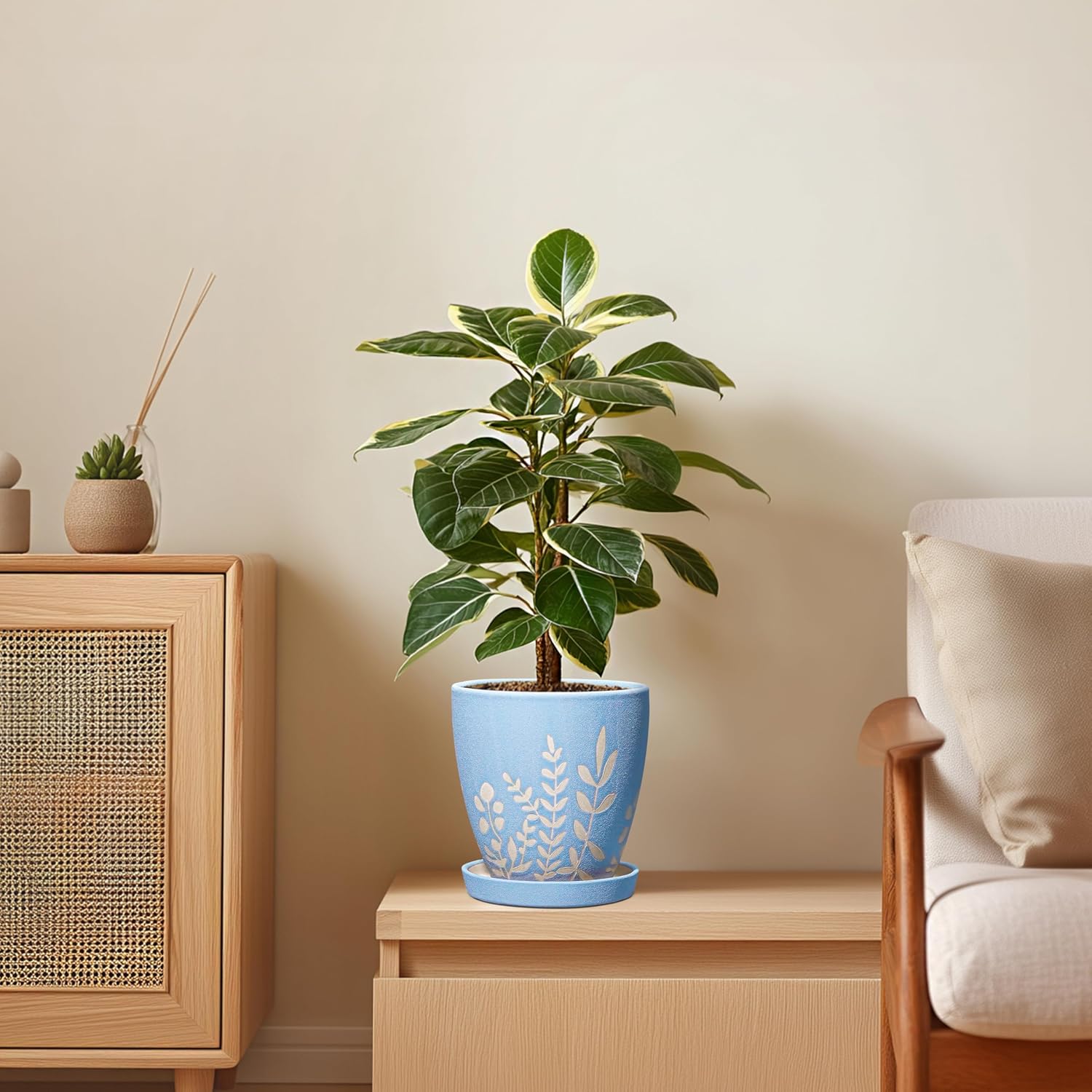 6 Inch Ceramic Plant Pot with Saucer - Small Flower Pot with Drainage for Succulents & Herbs, Boho Desk Home Office