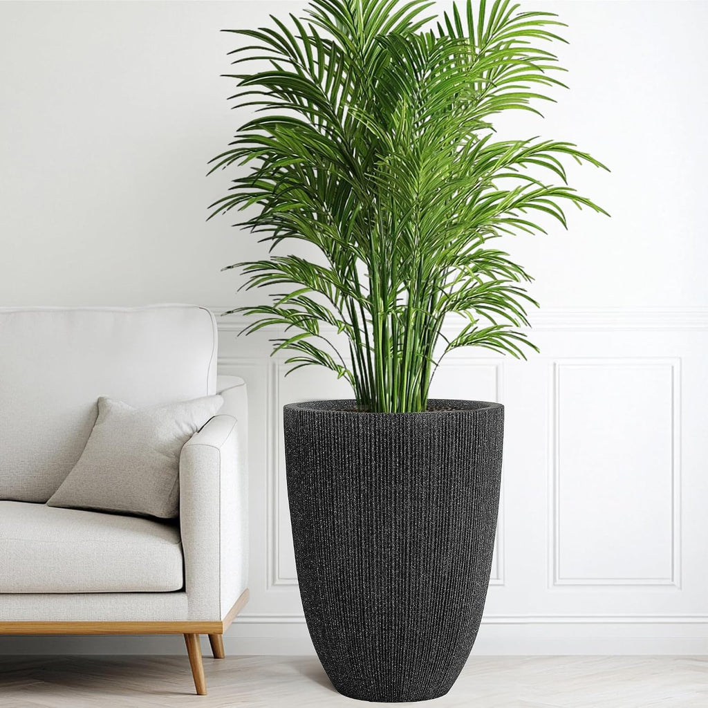 2-Pack 19" Black Resin Tall Round Planters with Fluted Texture | Set of 2 resin tall planters with black fluted