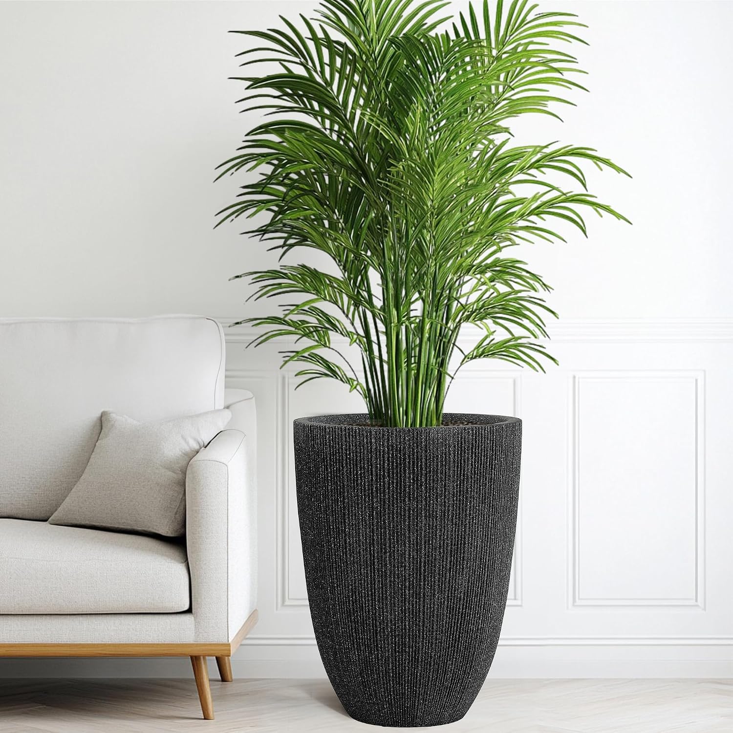 2-Pack 19" Black Resin Tall Round Planters with Fluted Texture | Set of 2 resin tall planters with black fluted