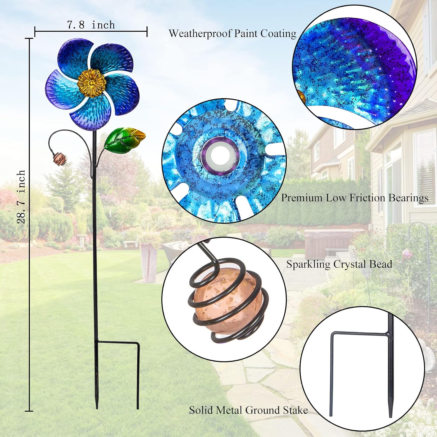 Viveta 2 Pack Wind Spinners with Metal Stake, Outdoor Garden Pinwheels | Blue Flower Shape Design Garden Spinners for