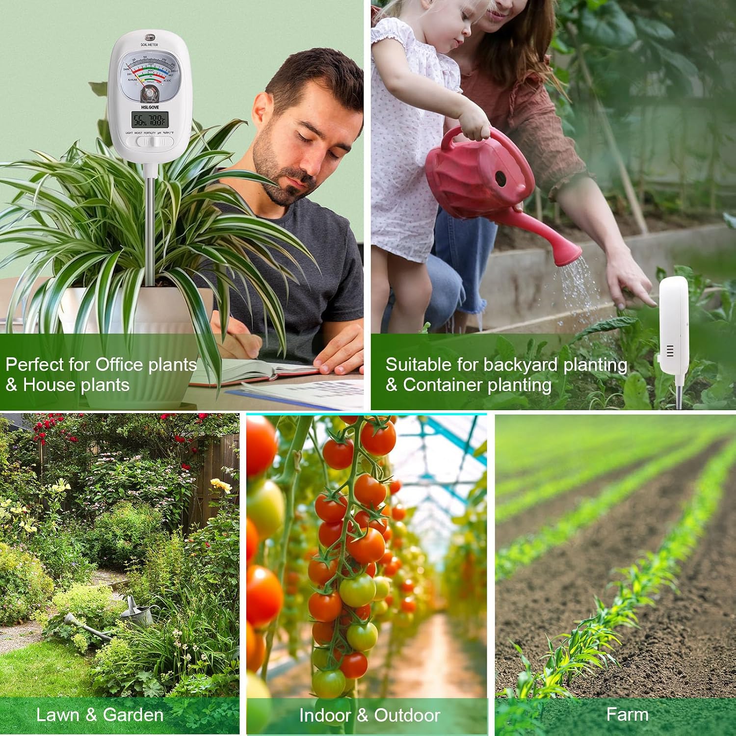 HSLGOVE Soil Test Kit, 7-in-One Soil Moisture Meter/Soil PH Meter/Fertility, Dual Screen Soil Tester w/Digital Soil