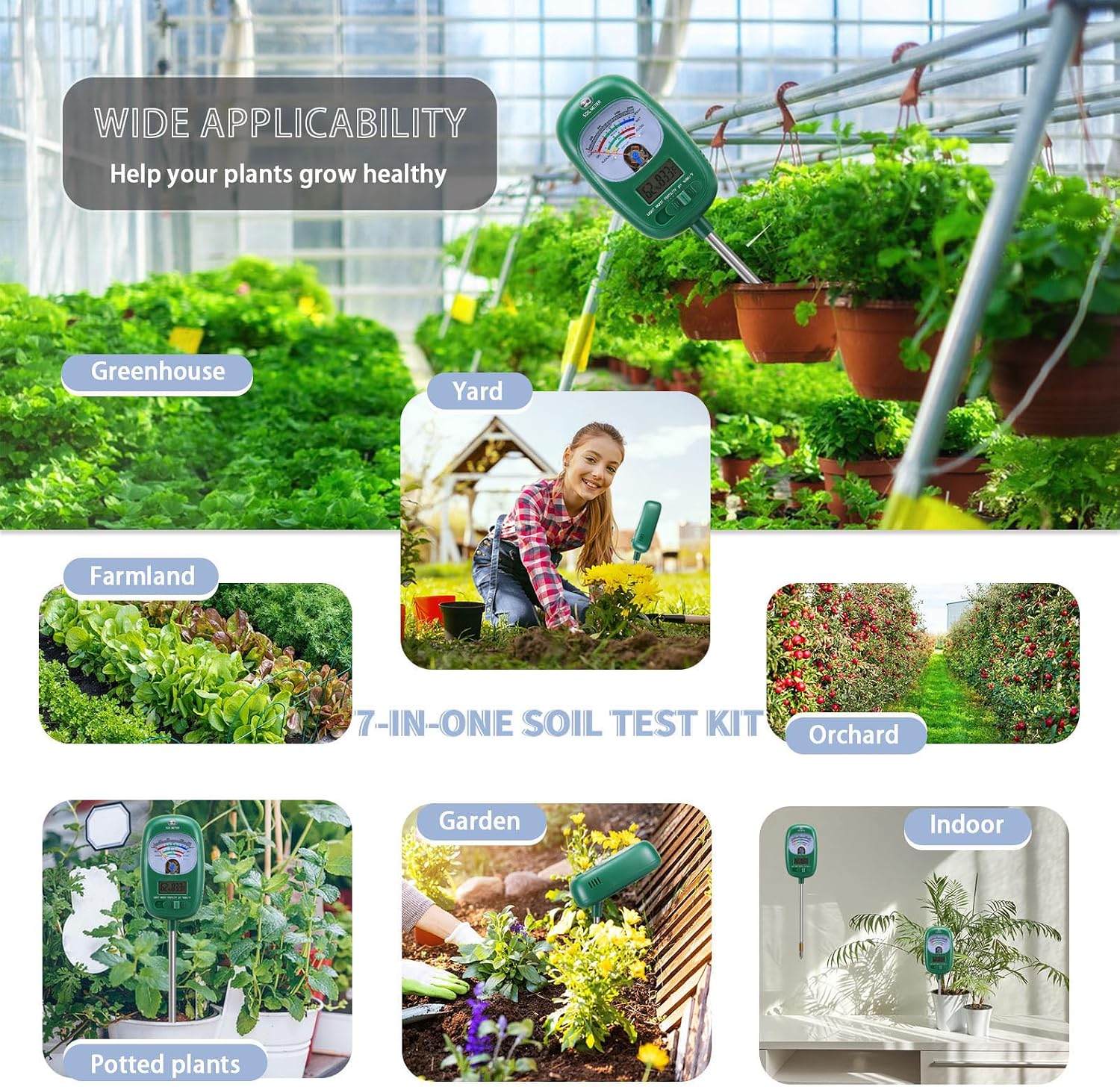 7-in-1 Soil Test Kit, Soil Moisture Meter/Soil ph Meter/Fertility Soil Tester, Soil Hygrometer for Garden, Farm, Plant