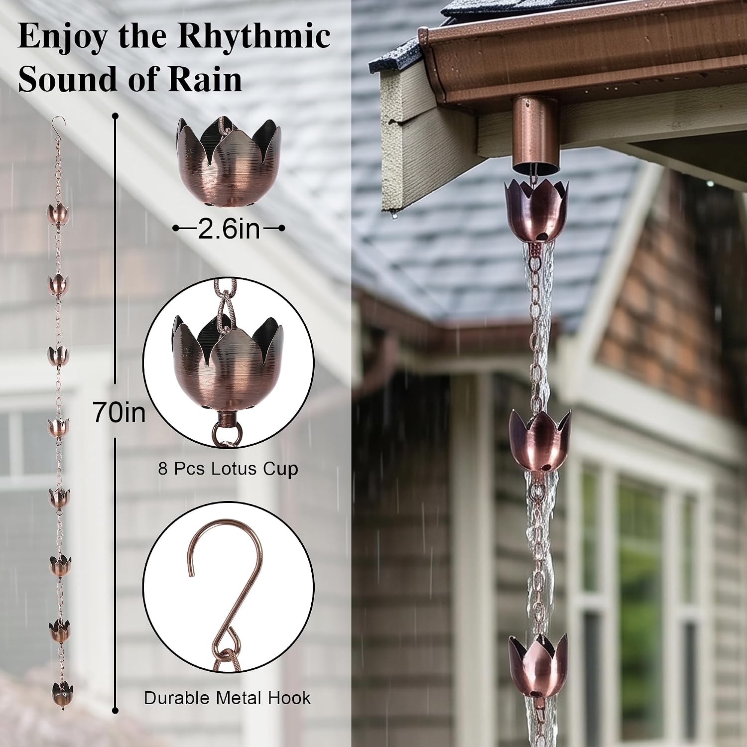 6FT Lotus Rain Chain, Metal Rain Chains for Gutters with 8 Cups | Adjustable Rainwater Catcher Chain for Outside, Rain