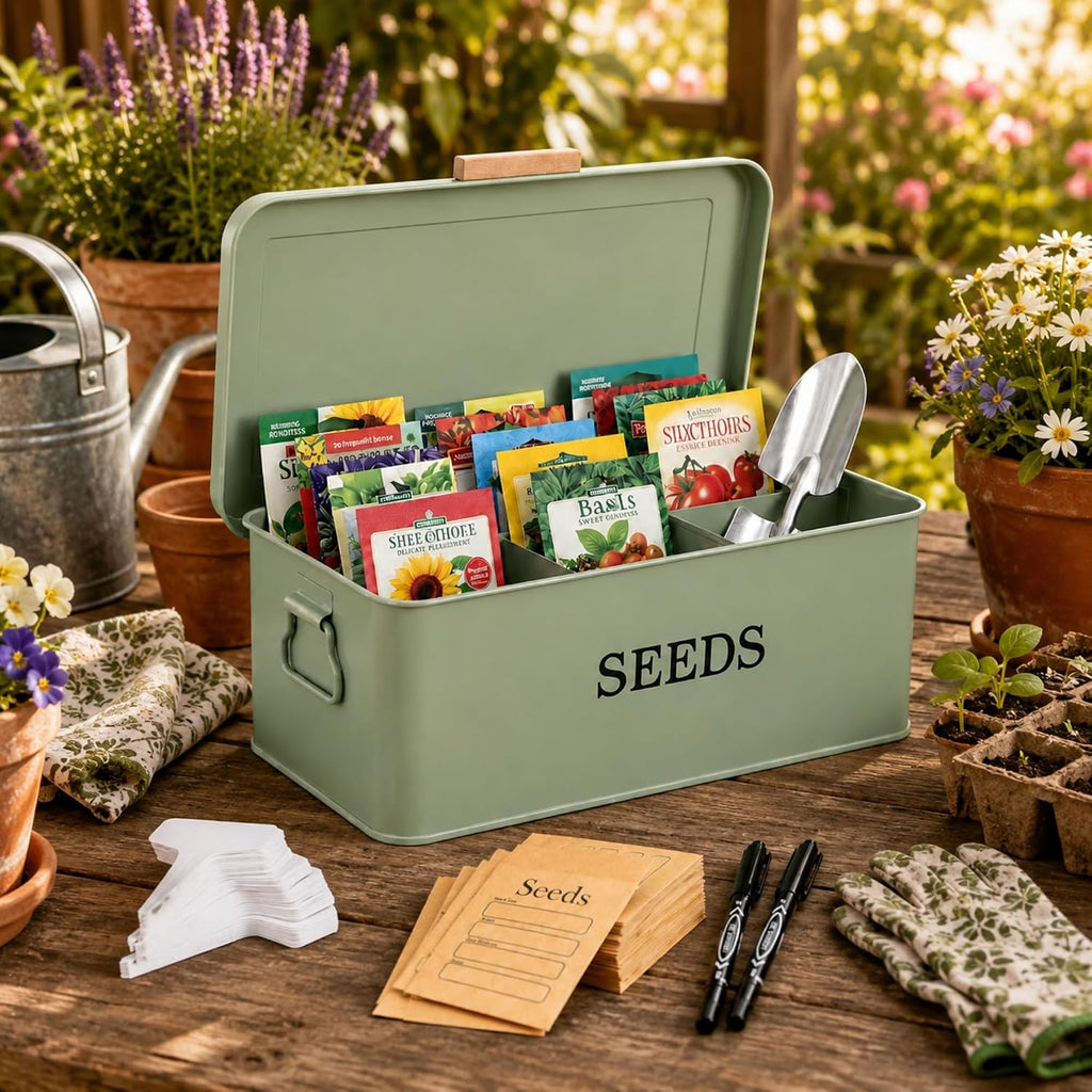 Seed Storage Organizer,Metal Seed Saving Box with Lid,4 Compartments Box with Safety Locks,Garden Supplies Container