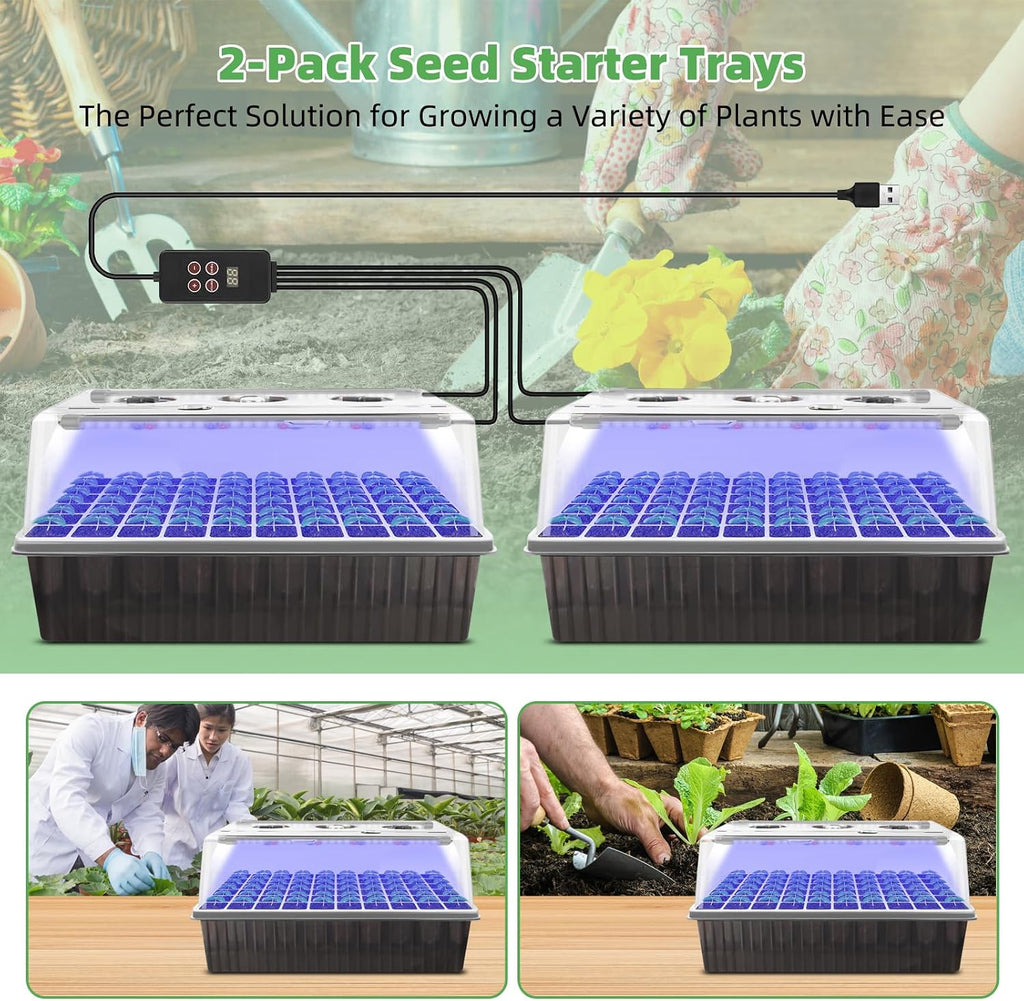120-Cell Self-Watering Seed Starter Tray with Grow Light, 1–24H Timer, Humidity Dome, Soil pH Meter, Gloves, Seedling